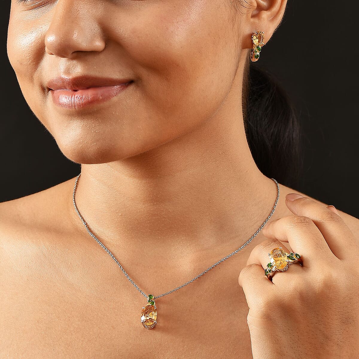 Set of 3 Karis Brazilian Citrine and Chrome Diopside 15.50 ctw Earrings, Ring (Size 9.00), Pendant in 18K YG Plated and Platinum Bond with Stainless Steel Necklace 20 Inches image number 2