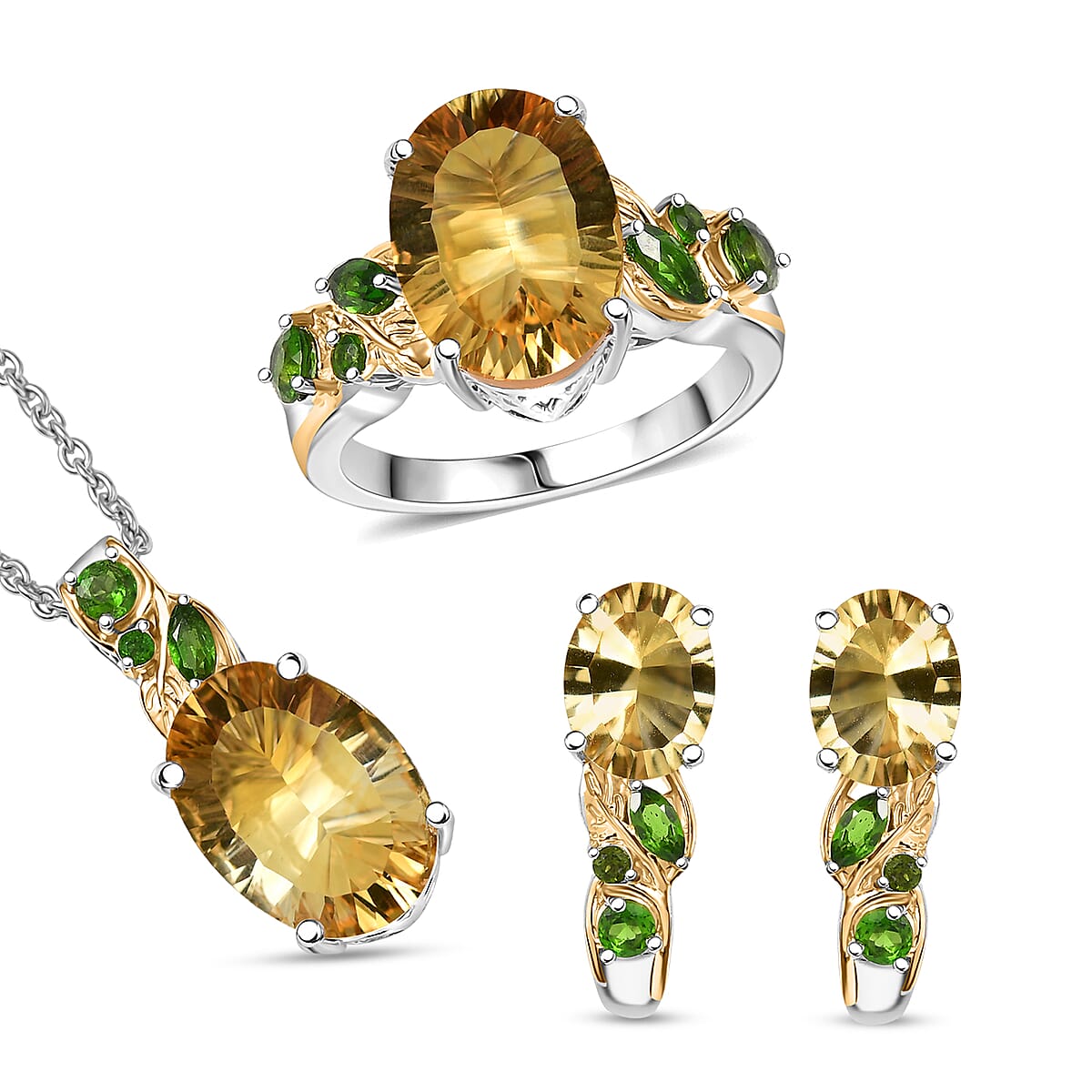 Set of 3 Karis Brazilian Citrine and Chrome Diopside 15.50 ctw Earrings, Ring (Size 10.00), Pendant in 18K YG Plated and Platinum Bond with Stainless Steel Necklace 20 Inches image number 0