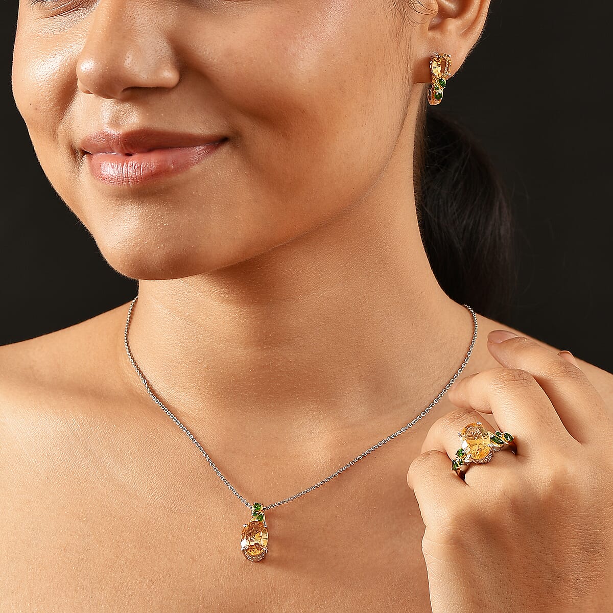 Set of 3 Karis Brazilian Citrine and Chrome Diopside 15.50 ctw Earrings, Ring (Size 10.00), Pendant in 18K YG Plated and Platinum Bond with Stainless Steel Necklace 20 Inches image number 2