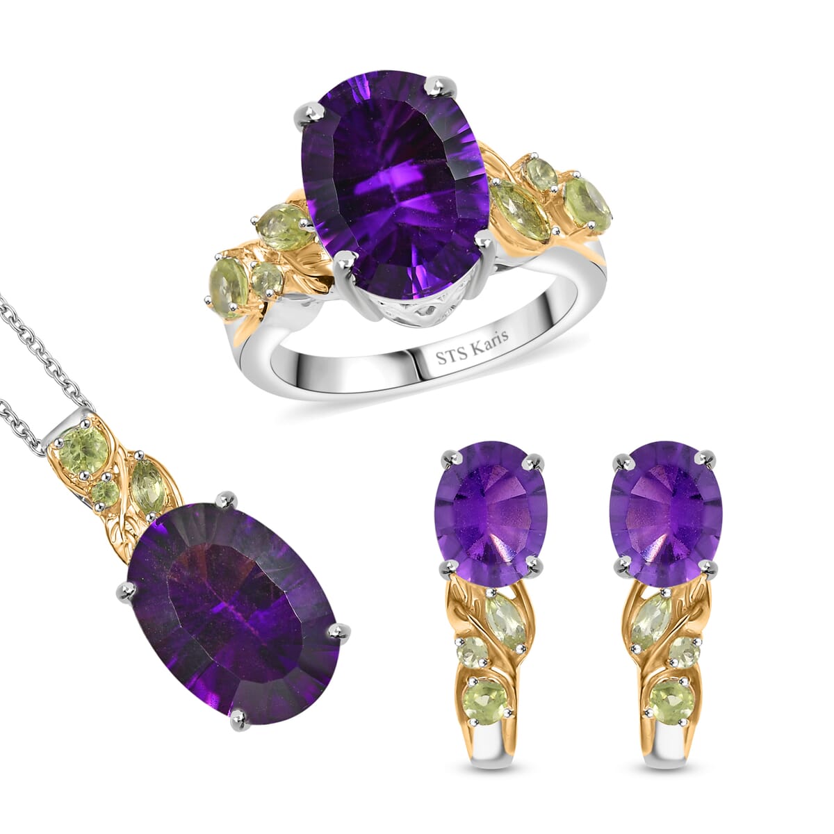 Set of 3 Karis African Amethyst and Peridot 15.00 ctw Earrings, Ring (Size 6.00), Pendant in 18K YG Plated and Platinum Bond with Stainless Steel Necklace 20 Inches image number 0