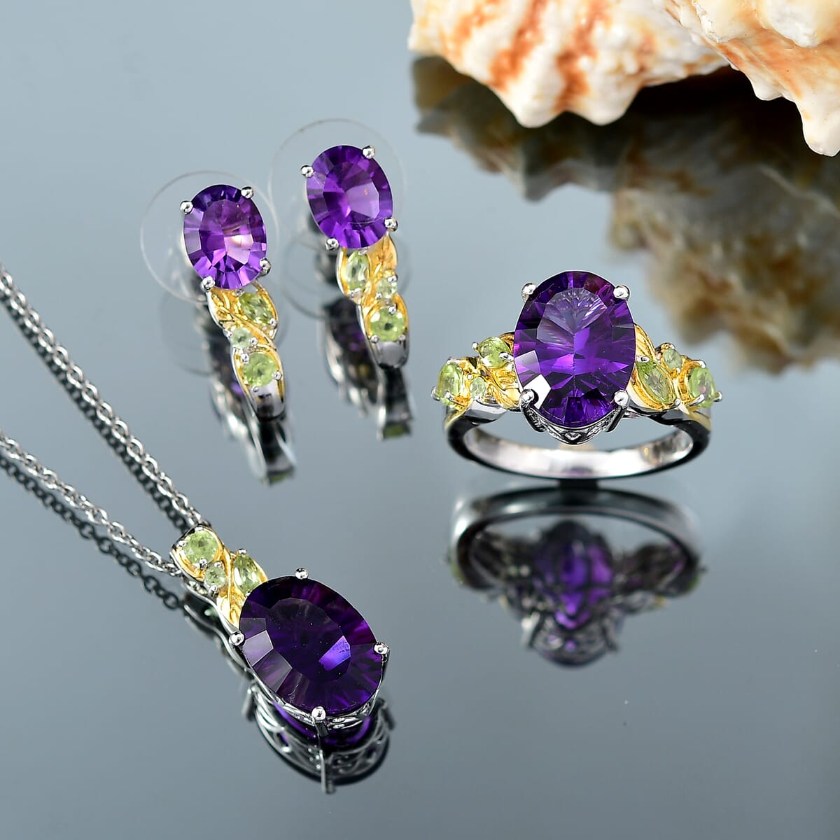 Set of 3 Karis African Amethyst and Peridot 15.00 ctw Earrings, Ring (Size 6.00), Pendant in 18K YG Plated and Platinum Bond with Stainless Steel Necklace 20 Inches image number 1