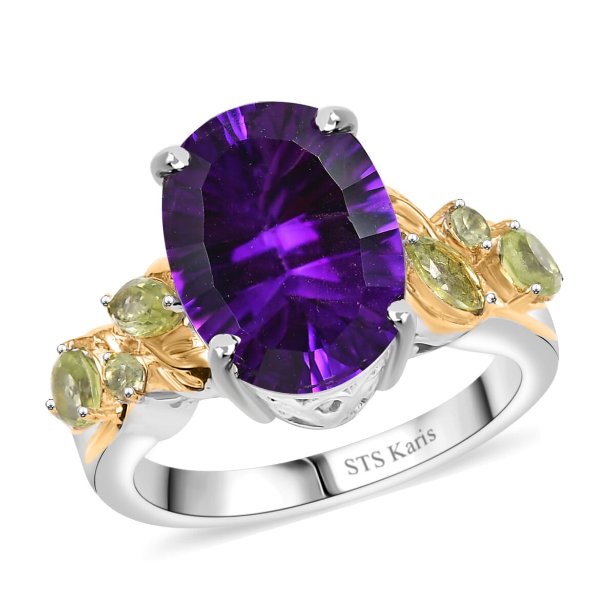 Set of 3 Karis African Amethyst and Peridot 15.00 ctw Earrings, Ring (Size 6.00), Pendant in 18K YG Plated and Platinum Bond with Stainless Steel Necklace 20 Inches image number 3