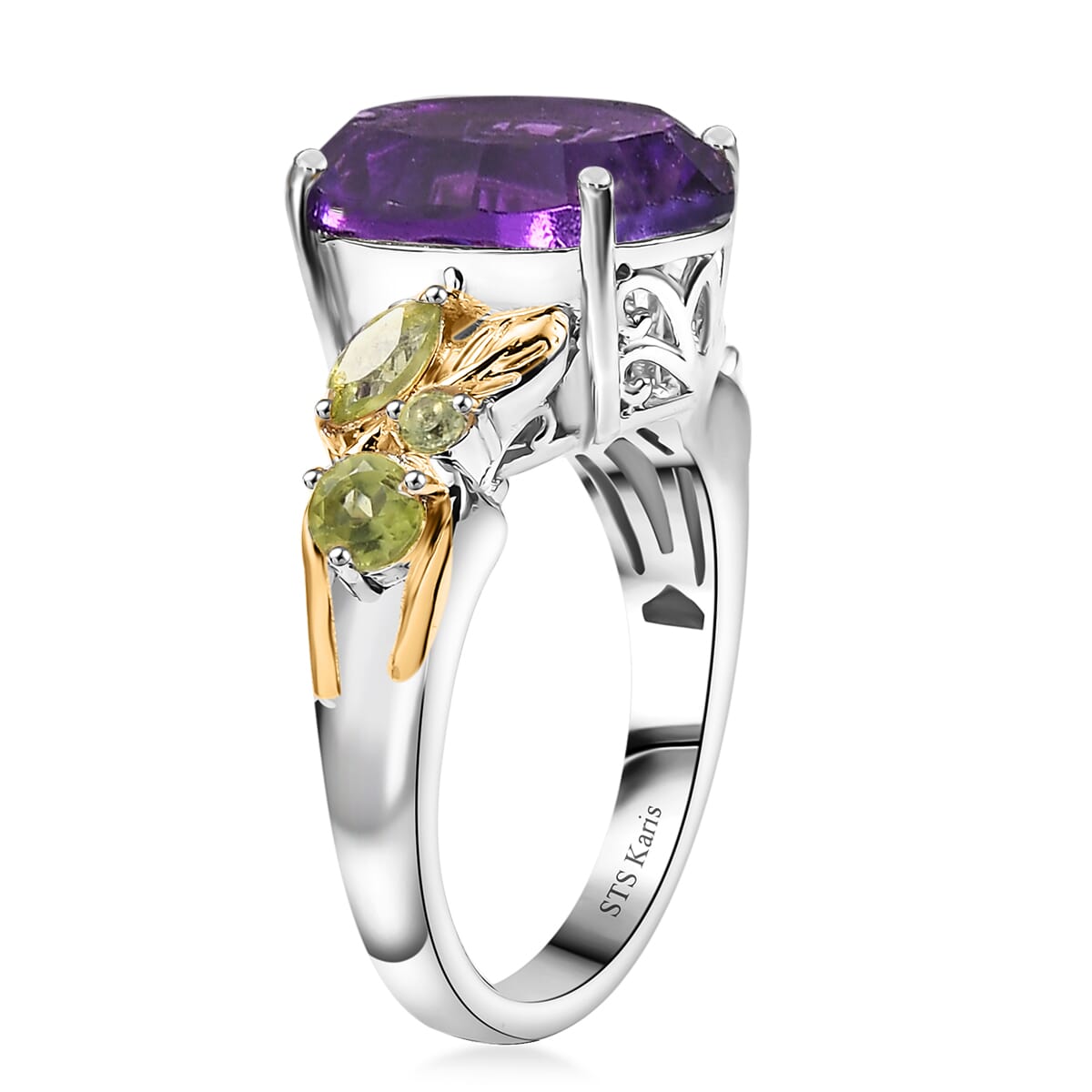 Set of 3 Karis African Amethyst and Peridot 15.00 ctw Earrings, Ring (Size 6.00), Pendant in 18K YG Plated and Platinum Bond with Stainless Steel Necklace 20 Inches image number 4