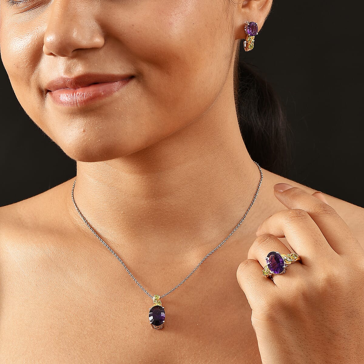 Set of 3 Karis African Amethyst and Peridot 15.00 ctw Earrings, Ring (Size 7.00), Pendant in 18K YG Plated and Platinum Bond with Stainless Steel Necklace 20 Inches image number 2