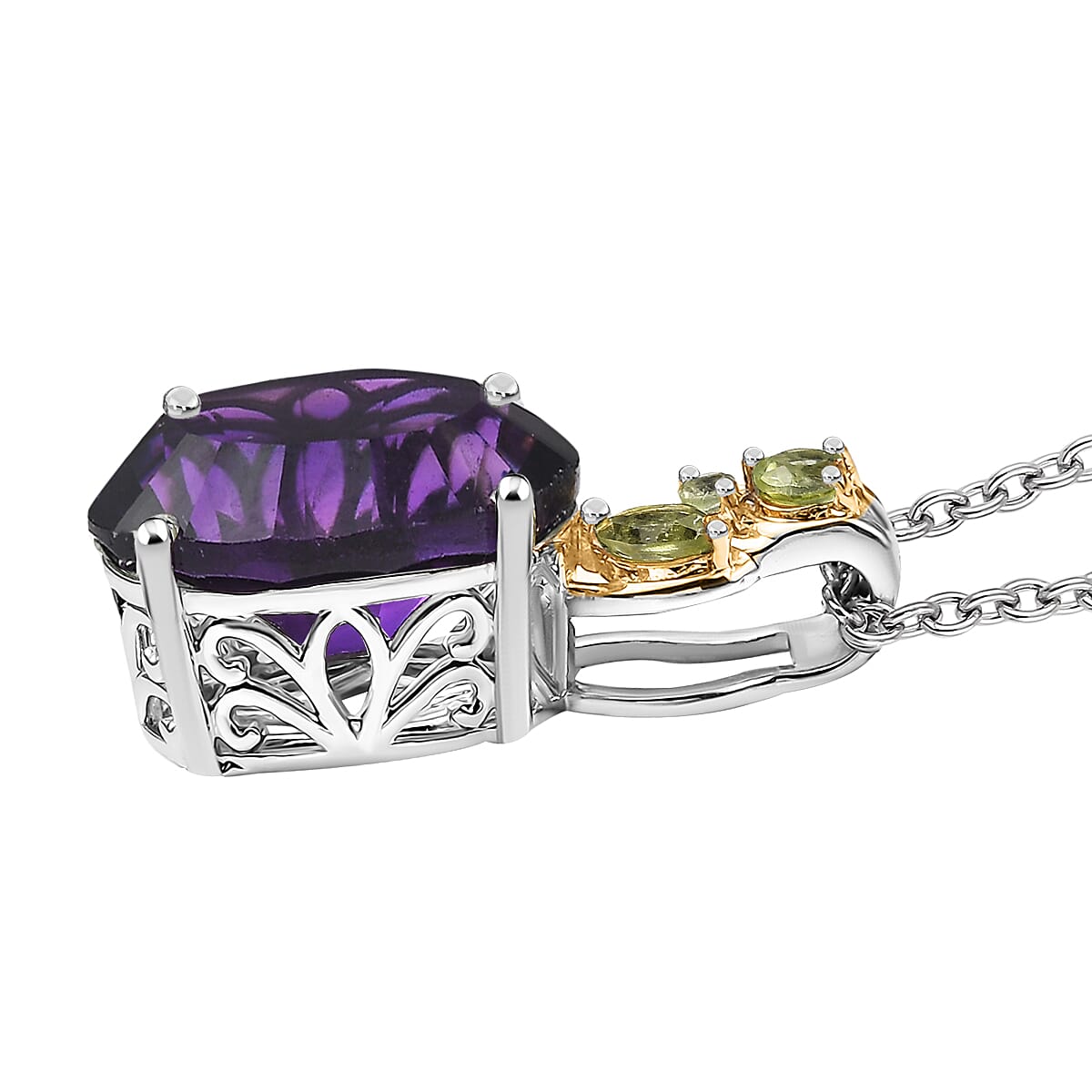 Set of 3 Karis African Amethyst and Peridot 15.00 ctw Earrings, Ring (Size 7.00), Pendant in 18K YG Plated and Platinum Bond with Stainless Steel Necklace 20 Inches image number 7
