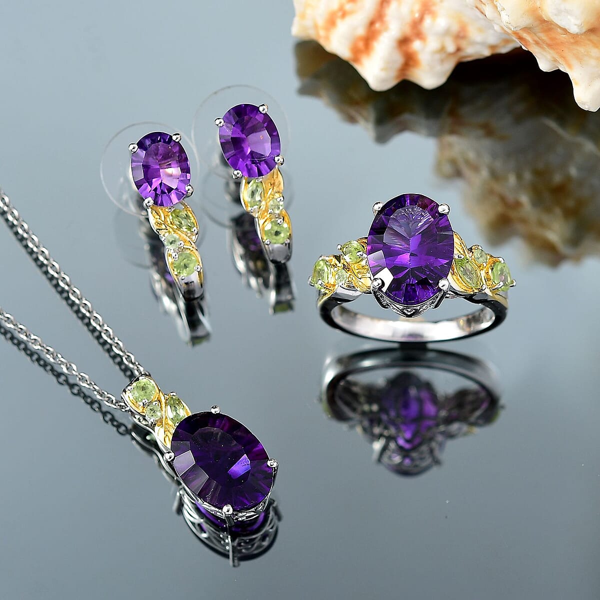 Set of 3 Karis African Amethyst and Peridot 15.00 ctw Earrings, Ring (Size 9.00), Pendant in 18K YG Plated and Platinum Bond with Stainless Steel Necklace 20 Inches image number 1