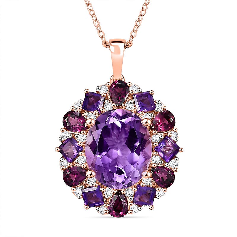 AAA Rose De France Amethyst and Multi Gemstone 8.20 ctw Dahlia Flower Pendant Necklace in 18K Vermeil Rose Gold Over Sterling Silver 20 Inches