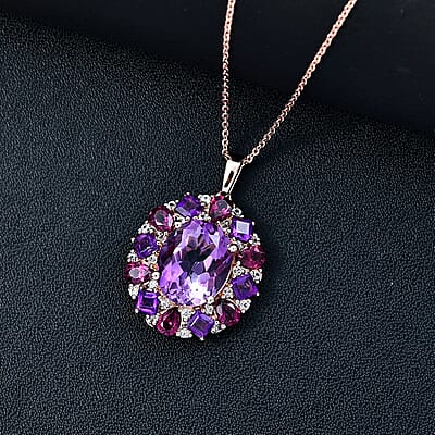 AAA Rose De France Amethyst and Multi Gemstone 8.20 ctw Dahlia Flower Pendant Necklace in 18K Vermeil Rose Gold Over Sterling Silver 20 Inches