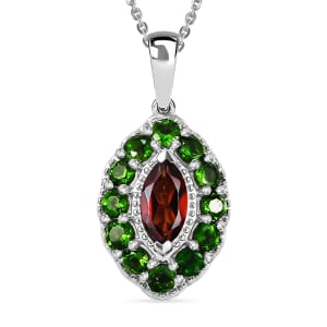 Premium Mozambique Garnet and 1.60 ctw Chrome Diopside Pendant Necklace in Rhodium Over Sterling Silver 20 Inches