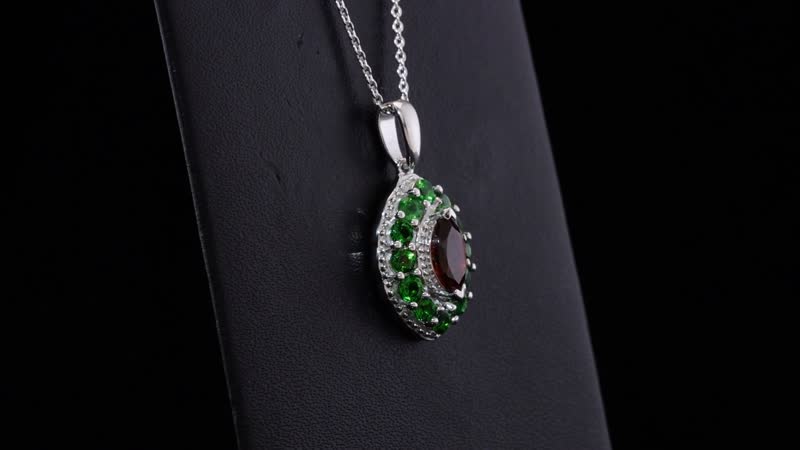 Premium Mozambique Garnet and 1.60 ctw Chrome Diopside Pendant Necklace in Rhodium Over Sterling Silver 20 Inches