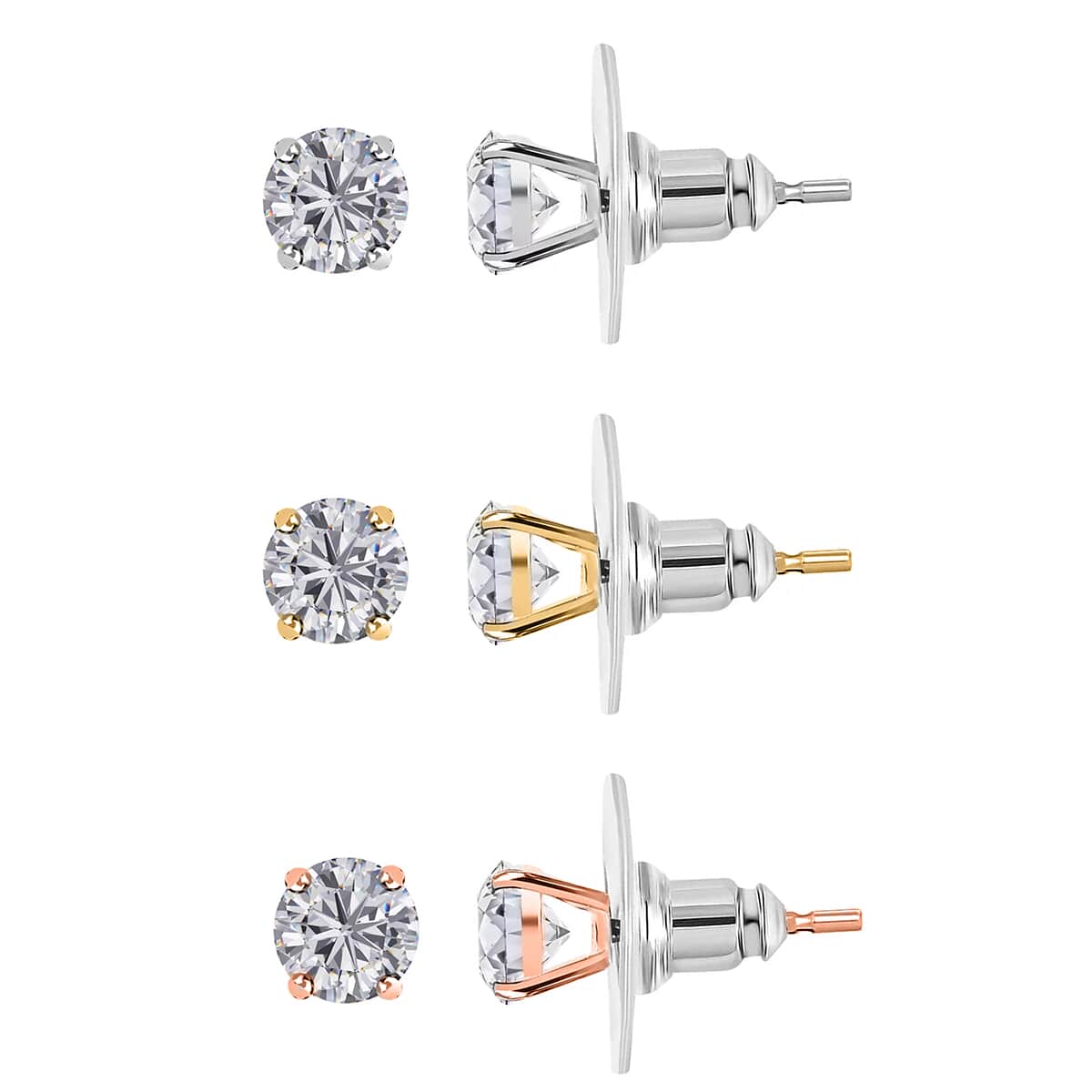 Set of 3 J Francis Embellished with Zirconia by Swarovski 7.85 ctw Solitaire Stud Earrings in 18K YRG and Platinum Over Sterling Silver image number 0