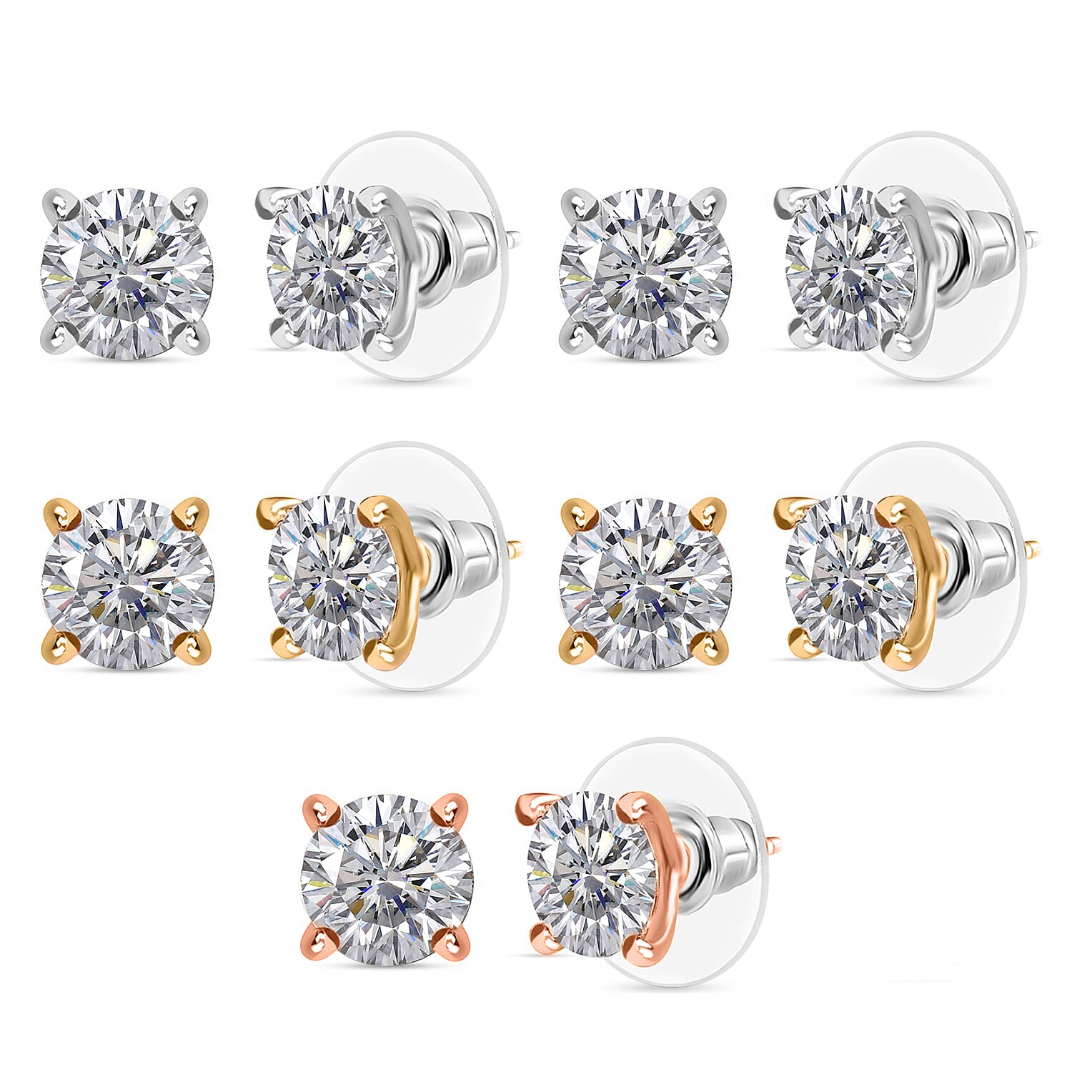 Set of 5 J Francis Embellished with Zirconia by Swarovski 13.10 ctw Solitaire Stud Earrings in 18K YRG and Platinum Over Sterling Silver 