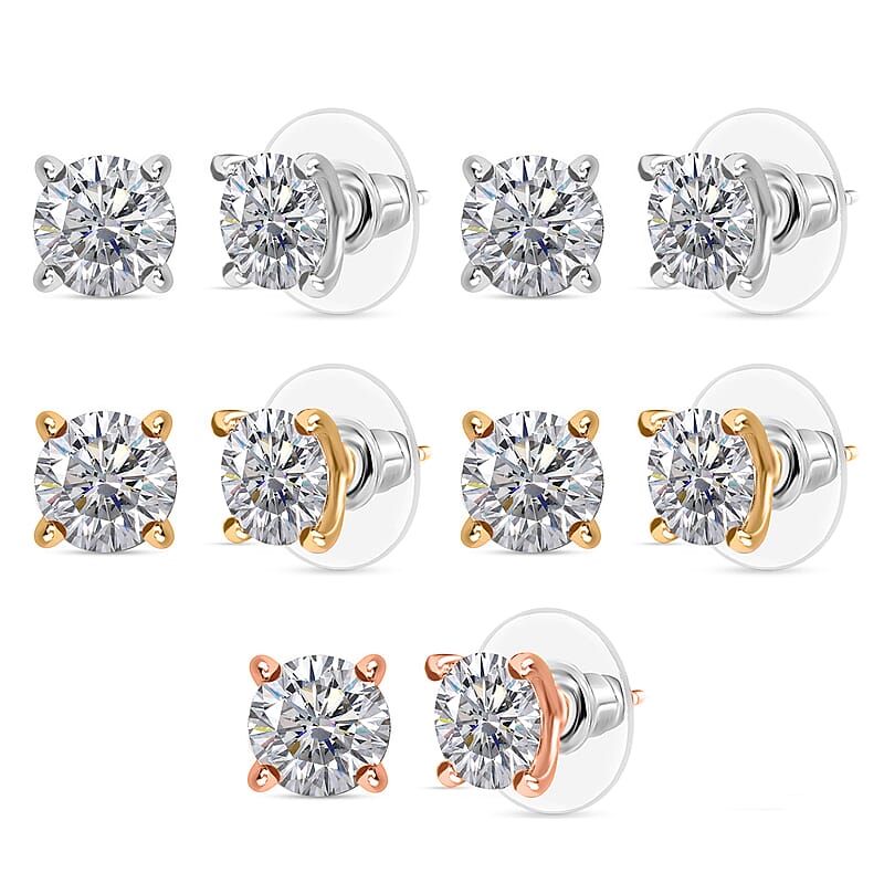 Set of 5 J Francis Embellished with Zirconia by Swarovski 13.10 ctw Solitaire Stud Earrings in 18K YRG and Platinum Over Sterling Silver 