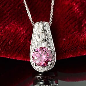 D'Joy Pink Moissanite and Moissanite 2.80 ctw Bridge Pendant Necklace 20 Inches in Rhodium Over Sterling Silver