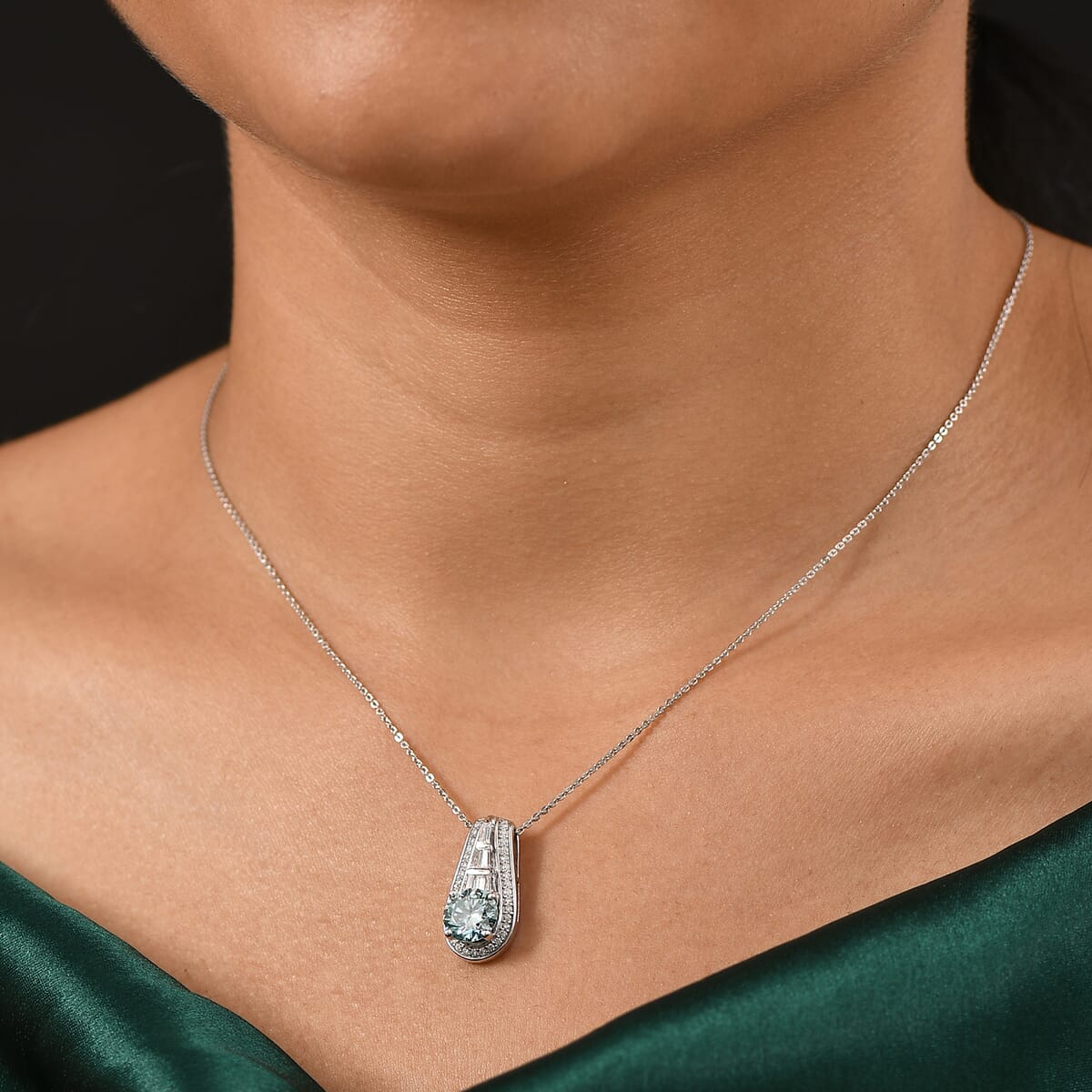D'Joy Blue Moissanite and Moissanite 3.00 ctw Pendant Necklace 20 Inches in Rhodium Over Sterling Silver image number 2