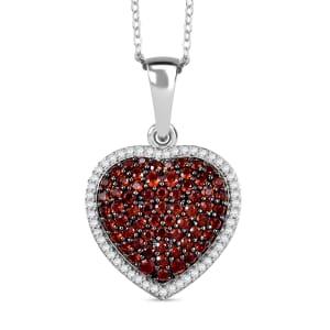 Premium Mozambique Garnet and White Zircon 1.25 ctw Heart Pendant Necklace in Platinum Over Sterling Silver 20 Inches