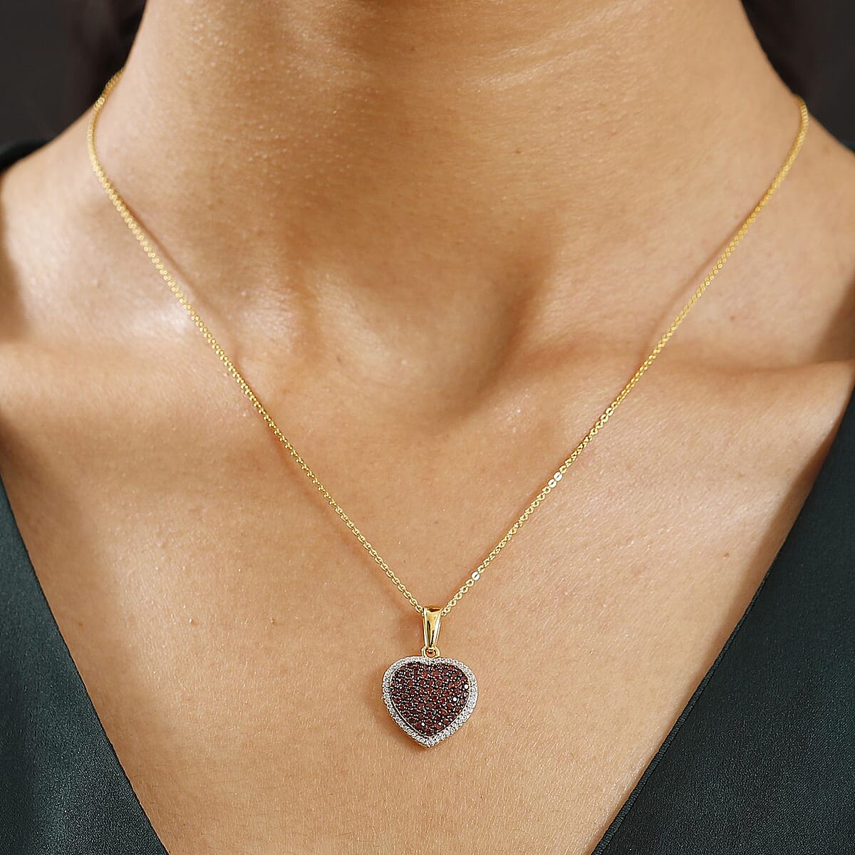 Premium Mozambique Garnet and White Zircon 1.25 ctw Heart Pendant Necklace in Vermeil Yellow Gold Over Sterling Silver 20 Inches image number 2