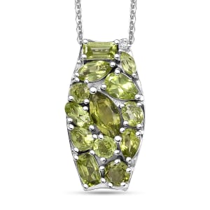Arizona Peridot and White Zircon 3.30 ctw Verdant Mosaic Pendant Necklace in Rhodium Over Sterling Silver 20 Inches