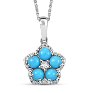 Sleeping Beauty Turquoise and White Zircon 1.50 ctw Floral Pendant Necklace in Platinum Over Sterling Silver 20 Inches