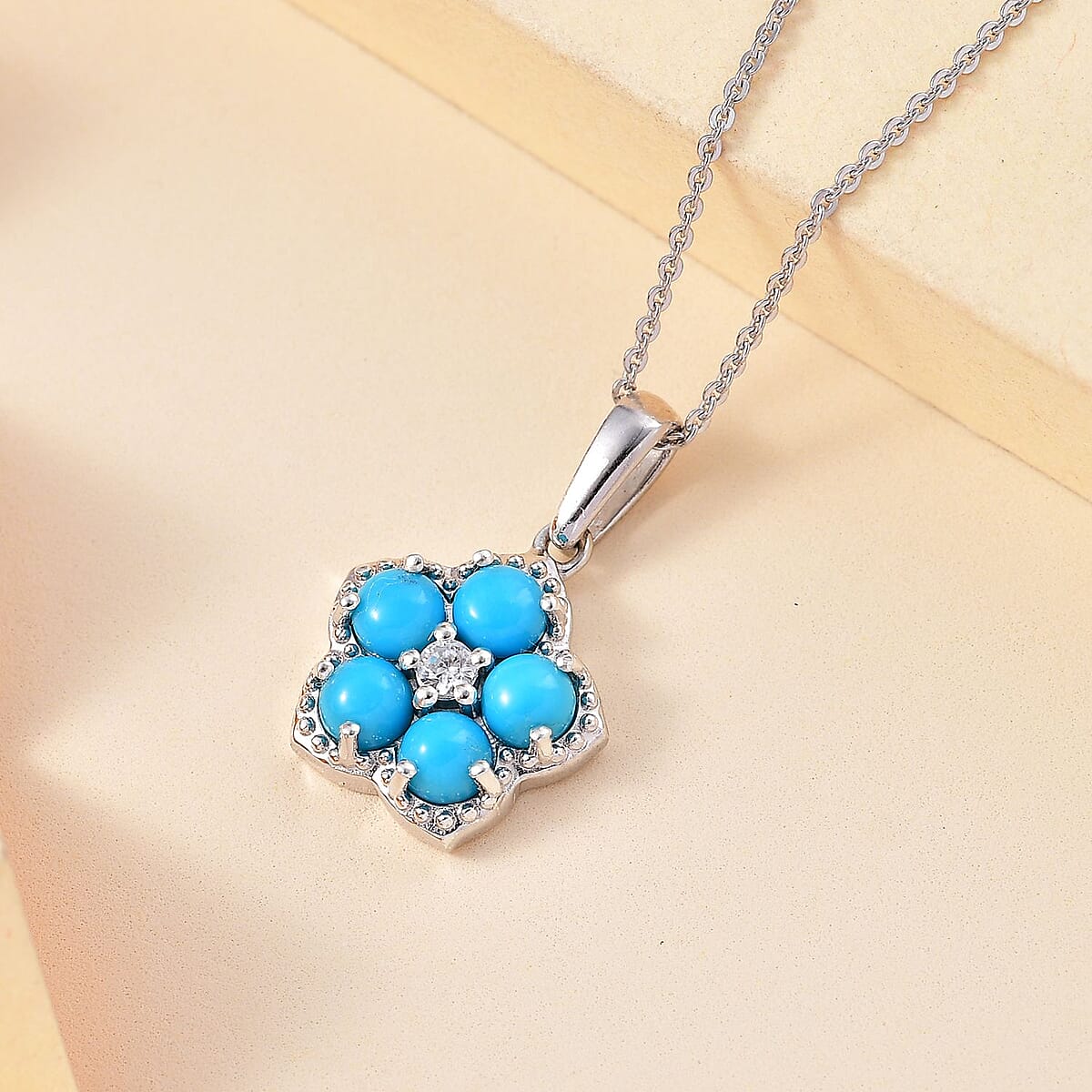 D'Joy Sleeping Beauty Turquoise and White Zircon 1.50 ctw Floral Pendant Necklace in Platinum Over Sterling Silver 20 Inches image number 1