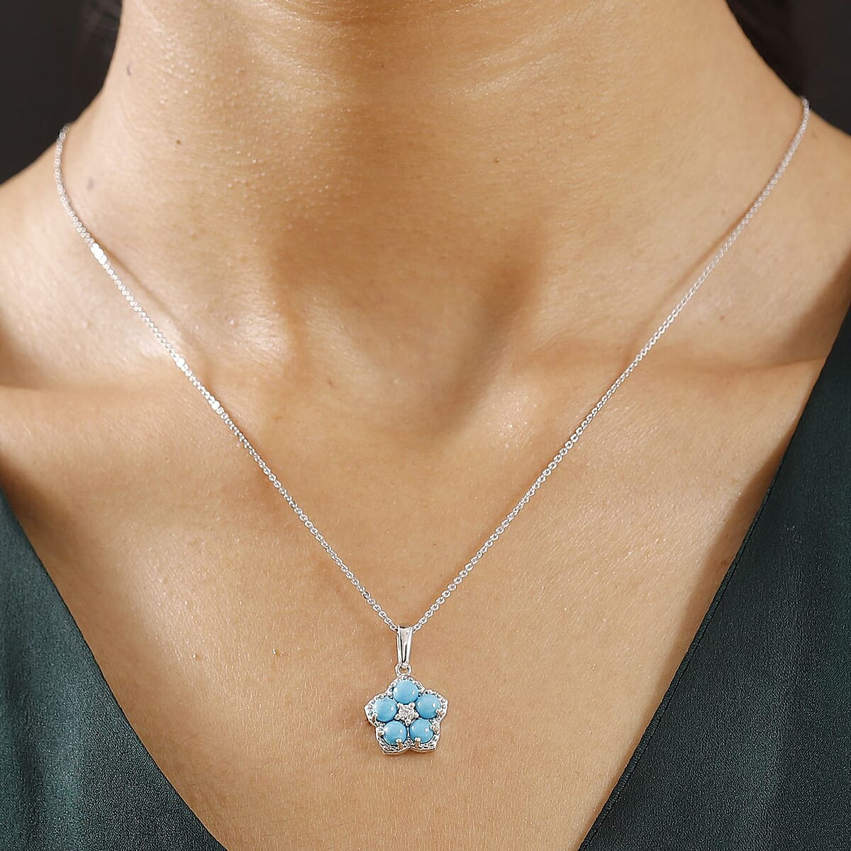 D'Joy Sleeping Beauty Turquoise and White Zircon 1.50 ctw Floral Pendant Necklace in Platinum Over Sterling Silver 20 Inches image number 2