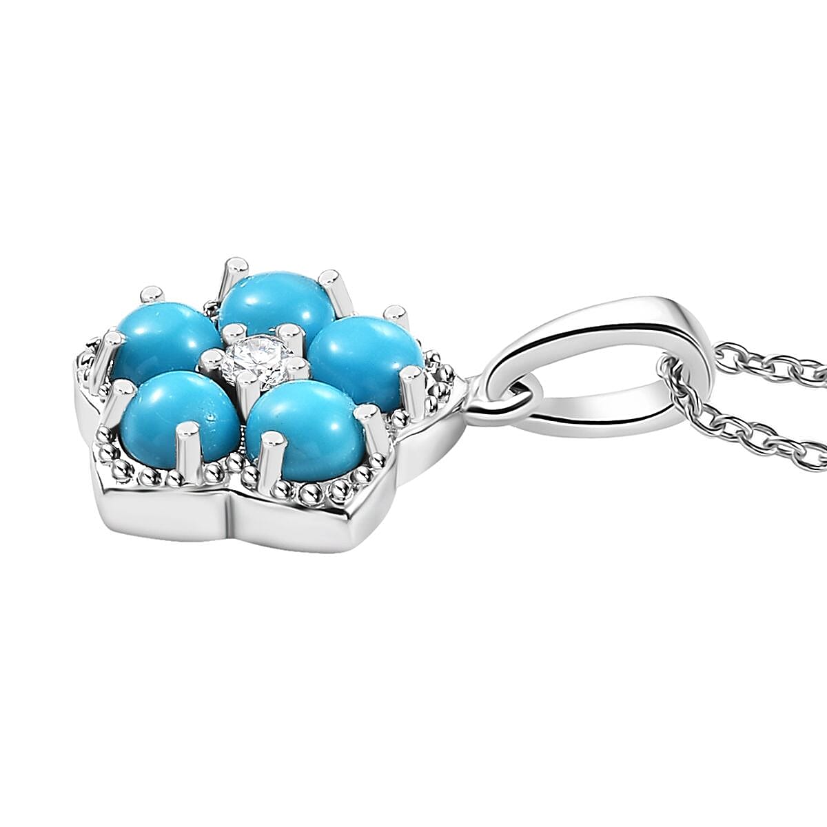 D'Joy Sleeping Beauty Turquoise and White Zircon 1.50 ctw Floral Pendant Necklace in Platinum Over Sterling Silver 20 Inches image number 3