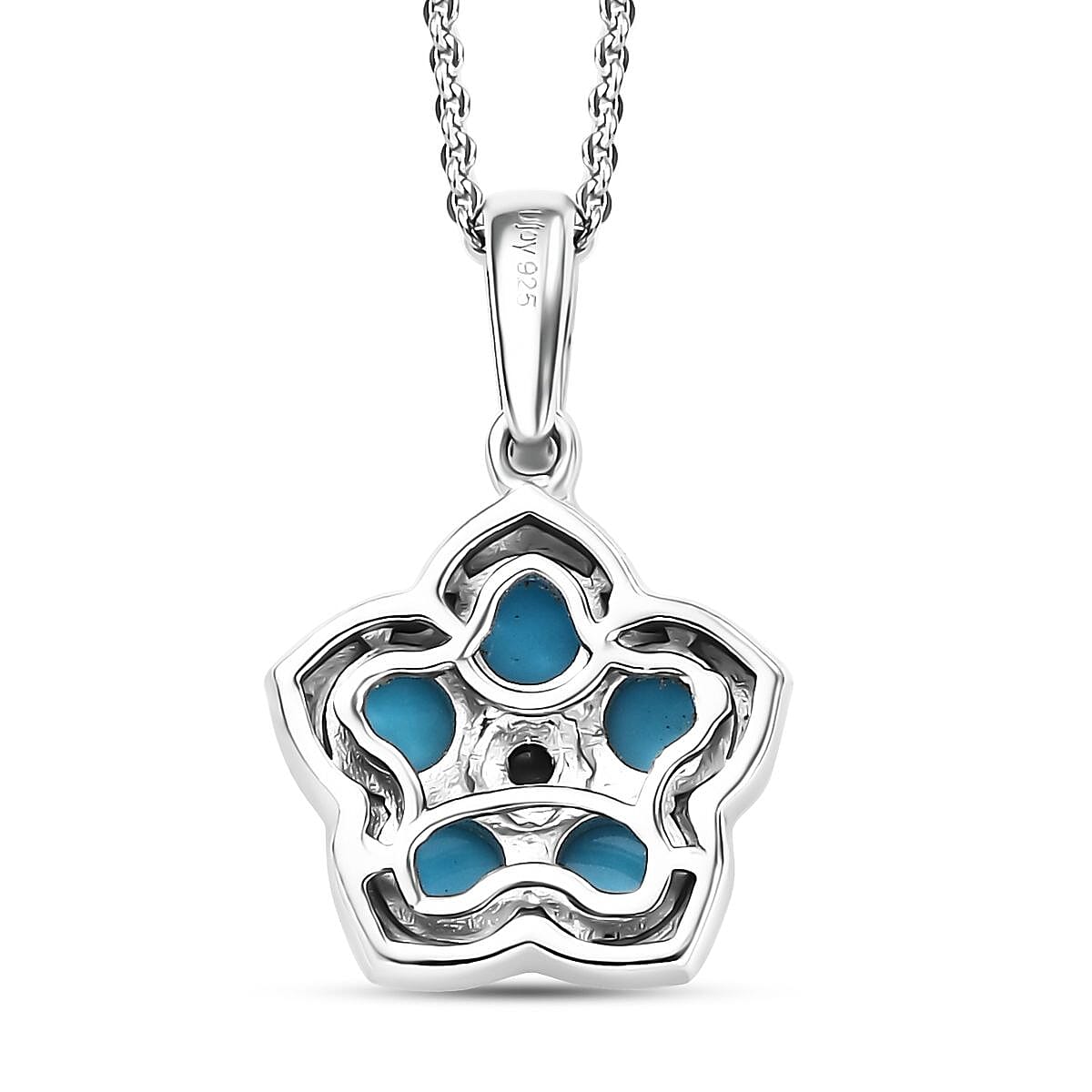 D'Joy Sleeping Beauty Turquoise and White Zircon 1.50 ctw Floral Pendant Necklace in Platinum Over Sterling Silver 20 Inches image number 4