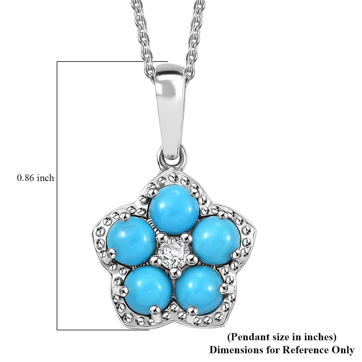 D'Joy Sleeping Beauty Turquoise and White Zircon 1.50 ctw Floral Pendant Necklace in Platinum Over Sterling Silver 20 Inches