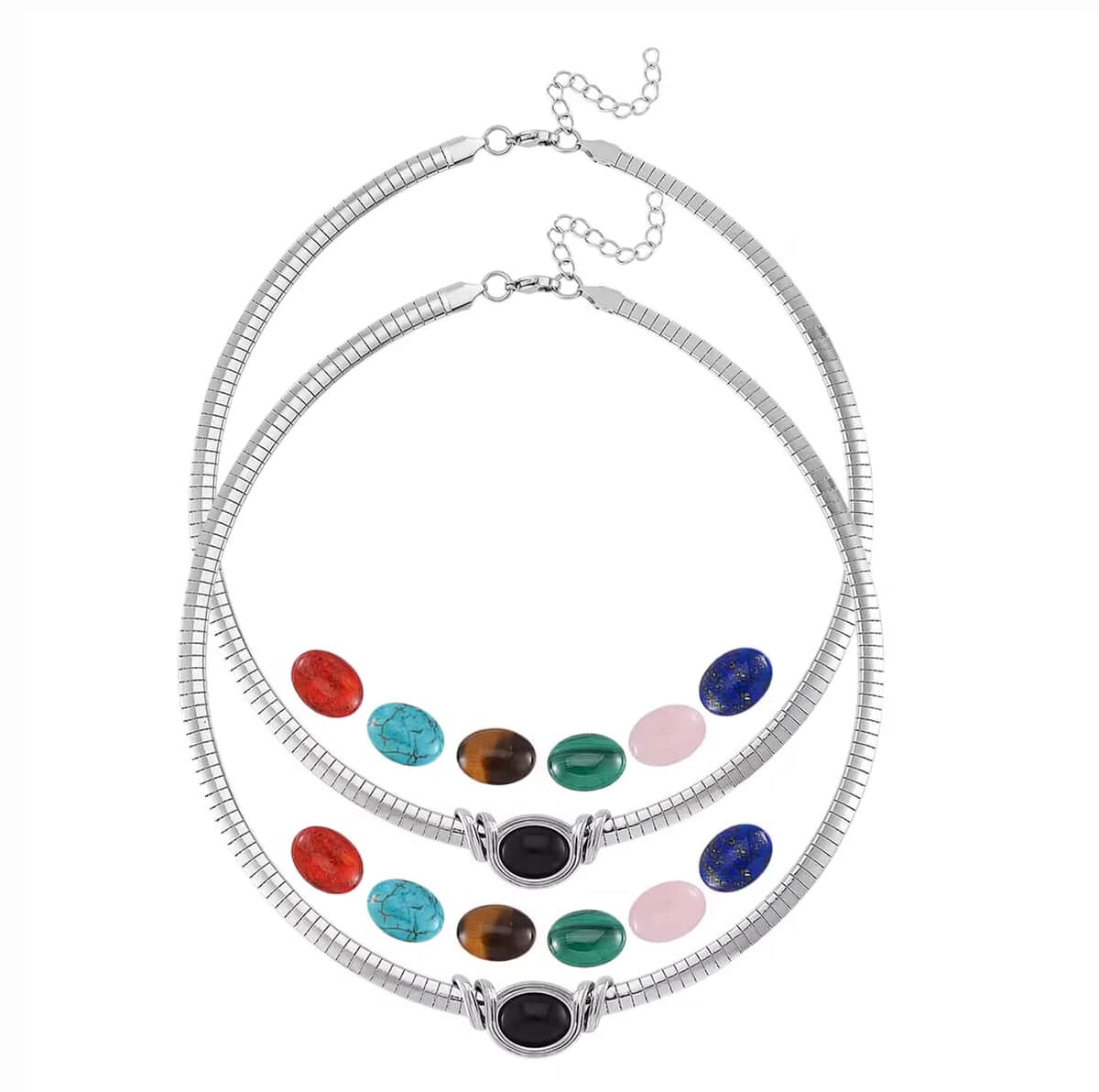 Set of 2 - 7pcs Interchangeable Multi Gemstone 119.00 ctw Omega Chain Necklace (18-20 Inches) in Stainless Steel image number 0