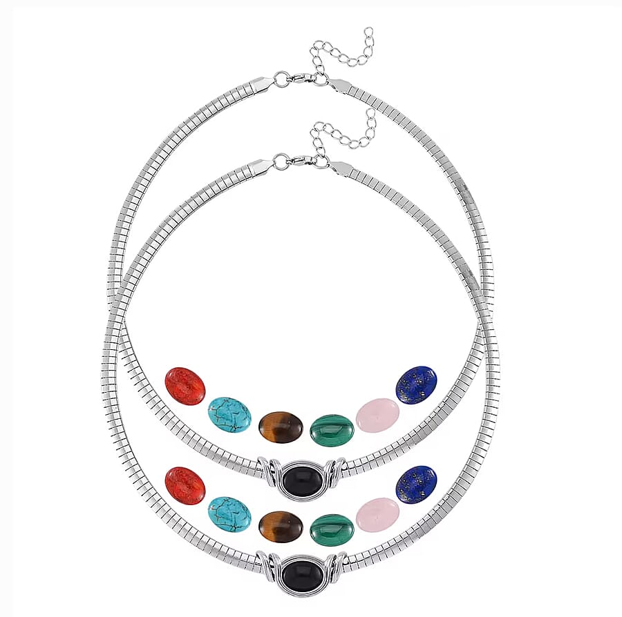 Set of 2 - 7pcs Interchangeable Multi Gemstone Omega Chain Necklace (18-20 Inches) in Stainless Steel 119.00 ctw (Del. In 10-12 Days)