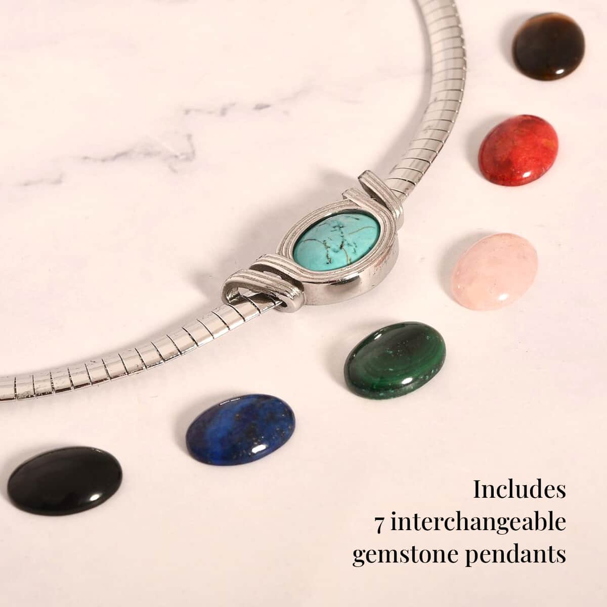 Set of 2 - 7pcs Interchangeable Multi Gemstone 119.00 ctw Omega Chain Necklace (18-20 Inches) in Stainless Steel image number 2