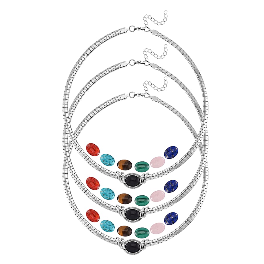 Set of 3 - 7pcs Interchangeable Multi Gemstone Omega Chain Necklace (18-20 Inches) in Stainless Steel 178.50 ctw (Del. In 10-12 Days)