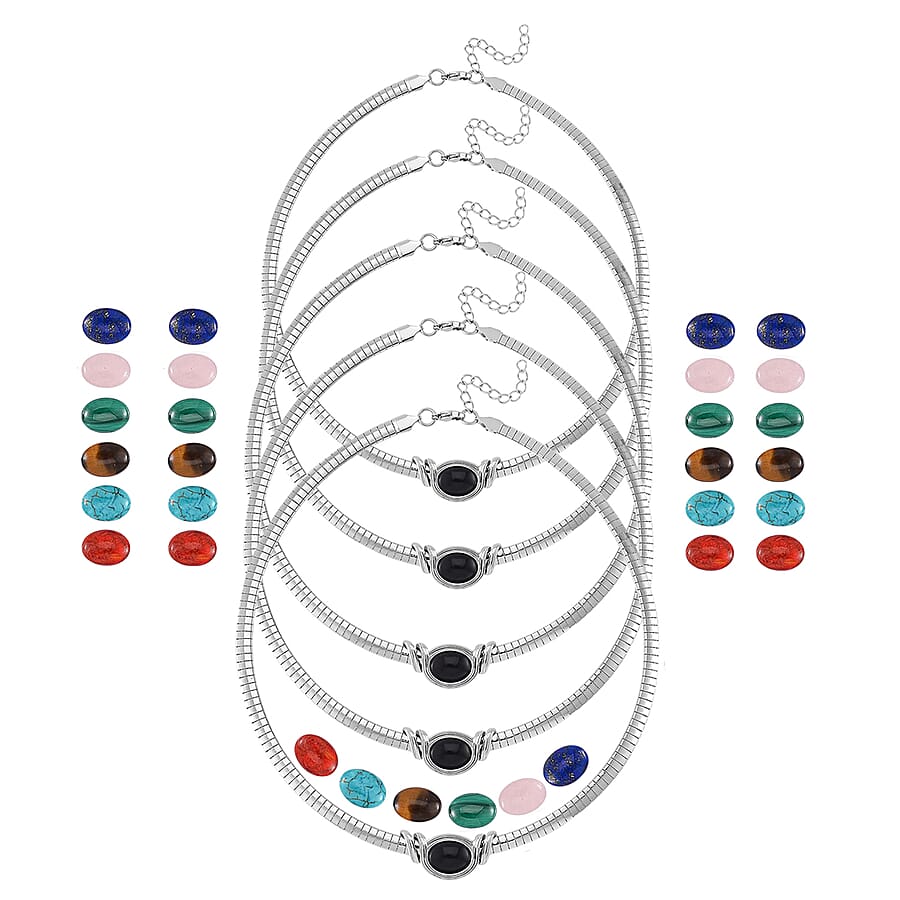 Set of 5 - 7pcs Interchangeable Multi Gemstone Omega Chain Necklace (18-20 Inches) in Stainless Steel 297.50 ctw (Del. In 10-12 Days)
