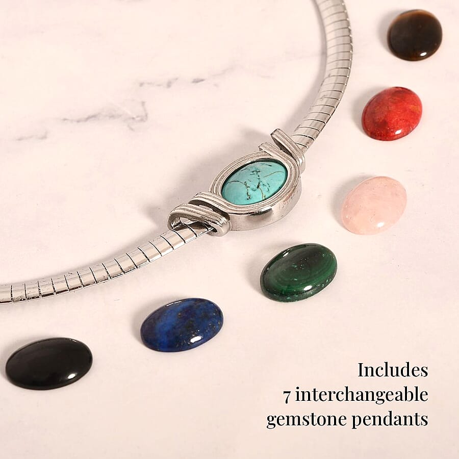 Set of 5 - 7pcs Interchangeable Multi Gemstone Omega Chain Necklace (18-20 Inches) in Stainless Steel 297.50 ctw (Del. In 10-12 Days)