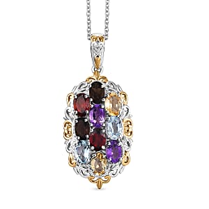 EverTrue Multi Gemstone 3.85 ctw Pendant in 18K YG Plated and Platinum Bond with Stainless Steel Necklace 20 Inches