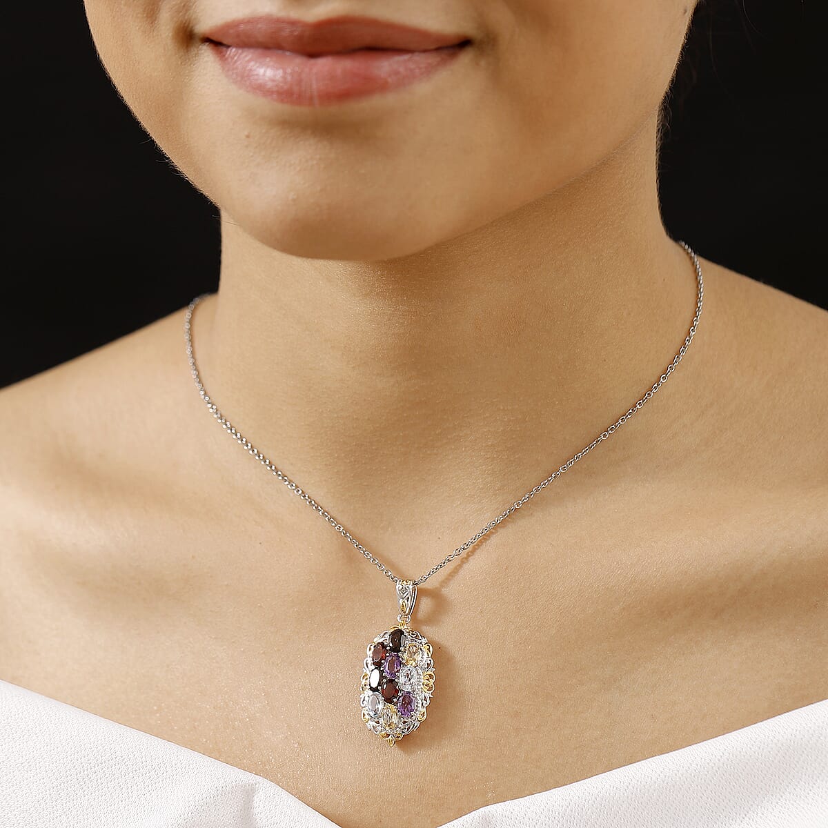 EverTrue Multi Gemstone 3.85 ctw Pendant in 18K YG Plated and Platinum Bond with Stainless Steel Necklace 20 Inches image number 2