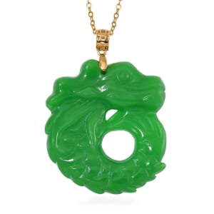 Green Jade (D) 72.00 ctw Carved Dragon Pendant Necklace in 14K Yellow Gold Over Sterling Silver 20 Inches