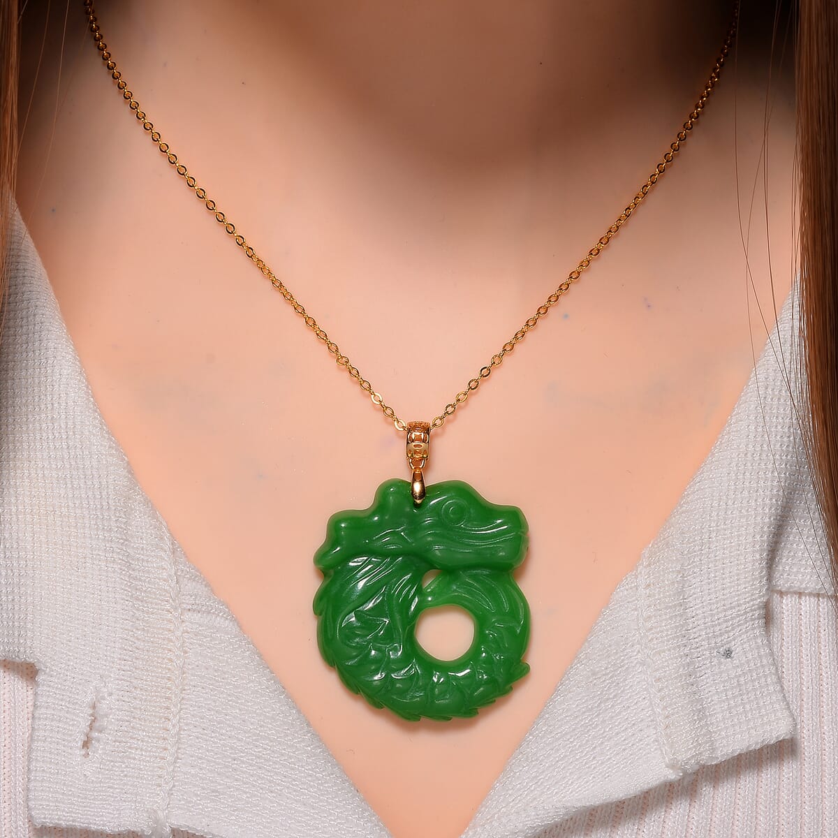 Green Jade (D) 72.00 ctw Carved Dragon Pendant Necklace in 14K Yellow Gold Over Sterling Silver 20 Inches image number 1