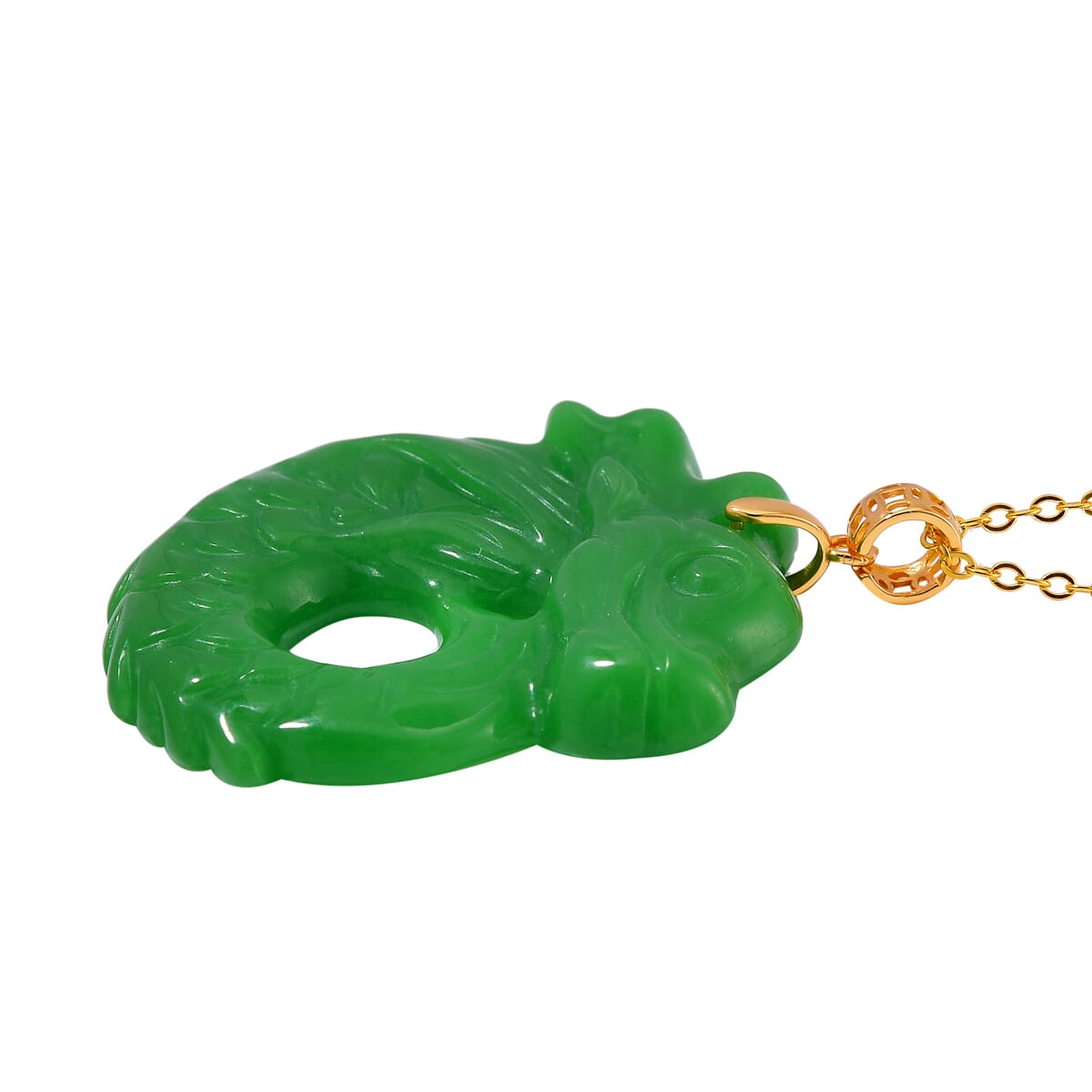 Green Jade (D) 72.00 ctw Carved Dragon Pendant Necklace in 14K Yellow Gold Over Sterling Silver 20 Inches image number 2