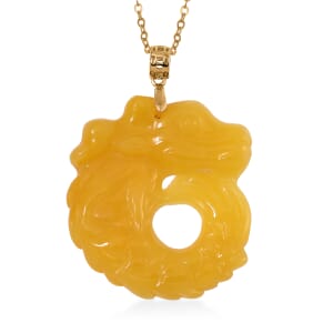 Honey Jade (D) 72.00 ctw Carved Dragon Pendant Necklace in 14K Yellow Gold Over Sterling Silver 20 Inches