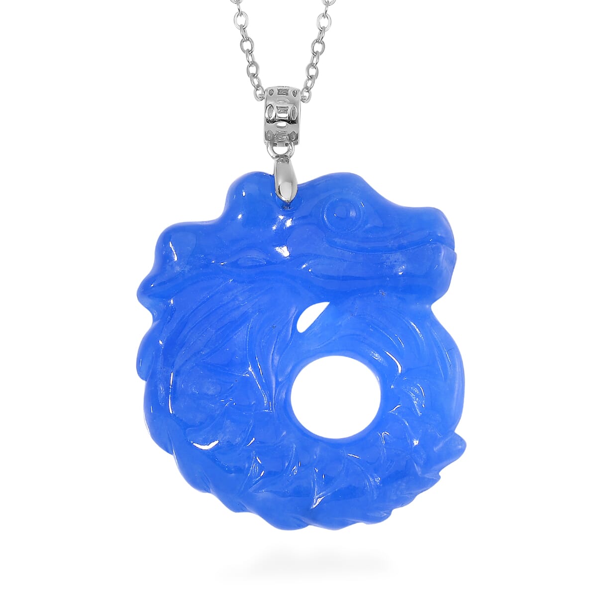 Blue Jade (D) 72.00 ctw Carved Dragon Pendant Necklace in Rhodium Over Sterling Silver 20 Inches image number 0