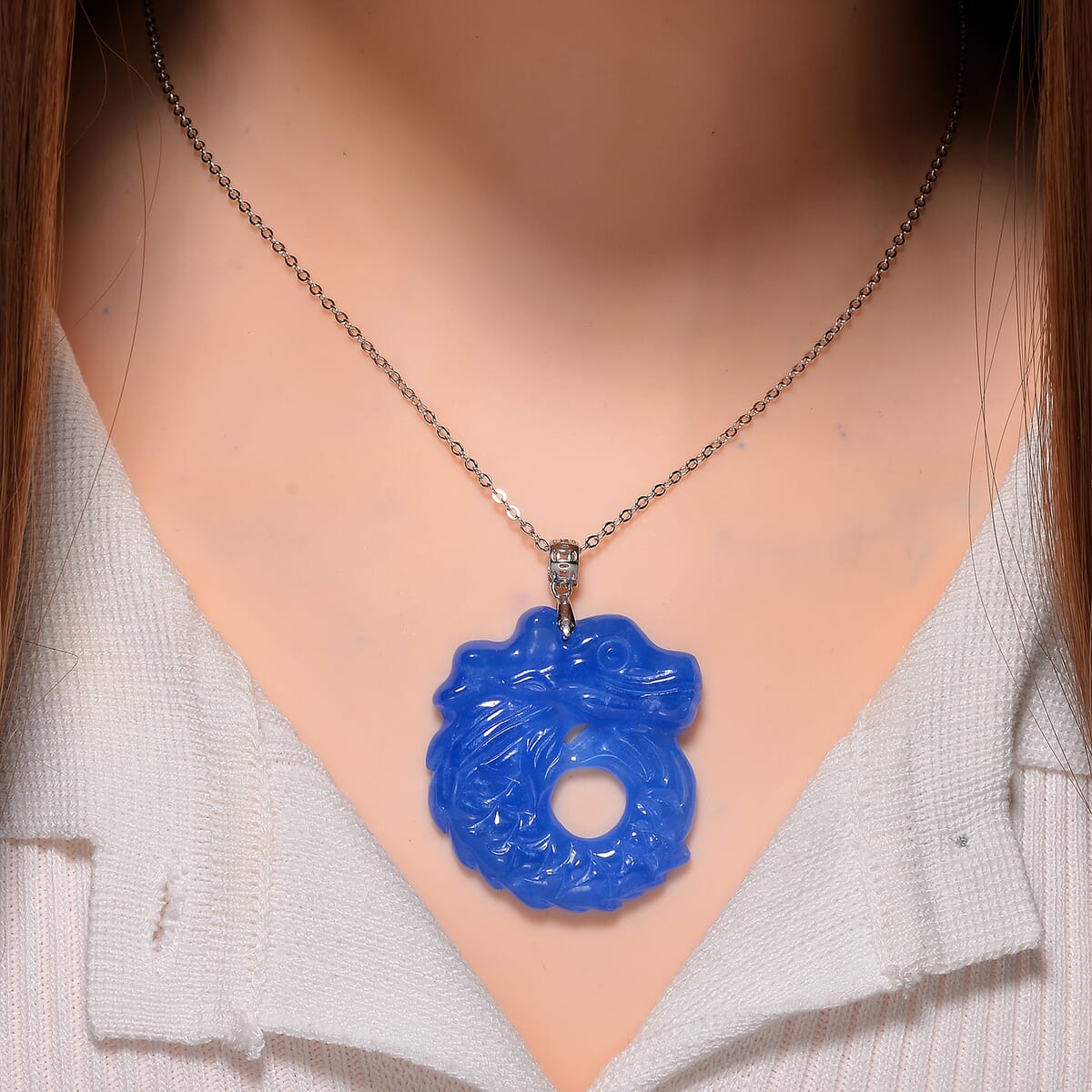 Blue Jade (D) 72.00 ctw Carved Dragon Pendant Necklace in Rhodium Over Sterling Silver 20 Inches image number 1