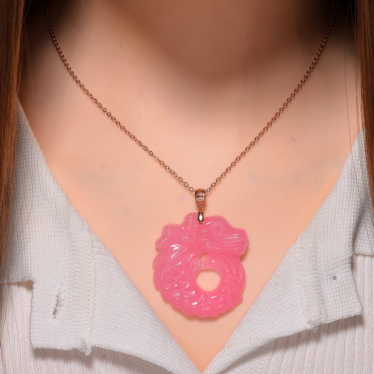 Pink Jade (D) 72.00 ctw Carved Dragon Pendant Necklace in 14K Rose Gold Over Sterling Silver 20 Inches image number 1