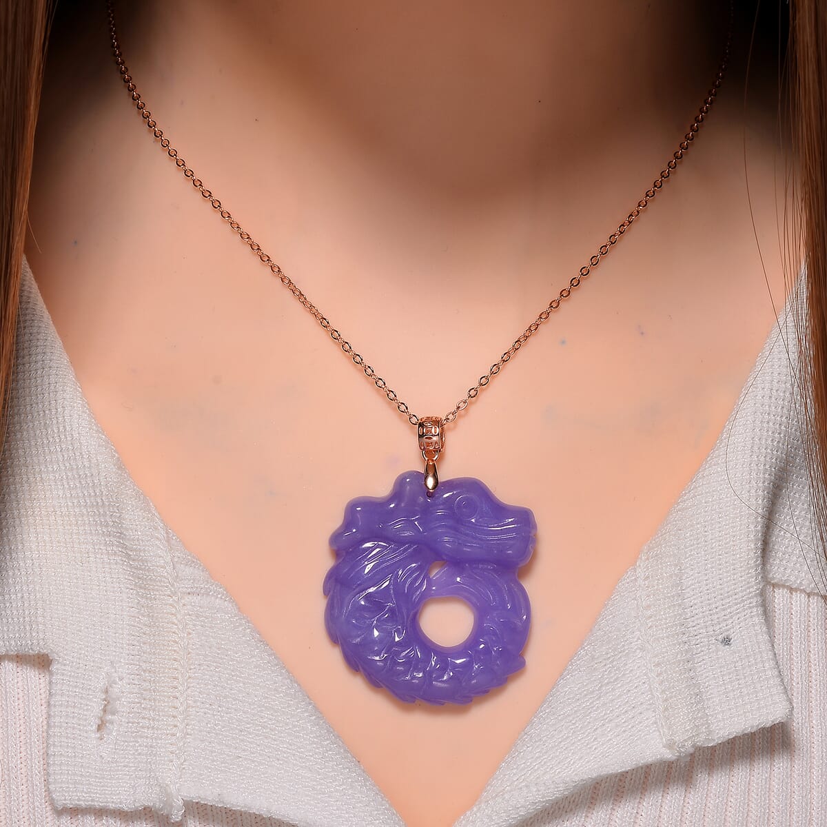 Purple Jade (D) 72.00 ctw Carved Dragon Pendant Necklace in 14K Rose Gold Over Sterling Silver 20 Inches image number 1