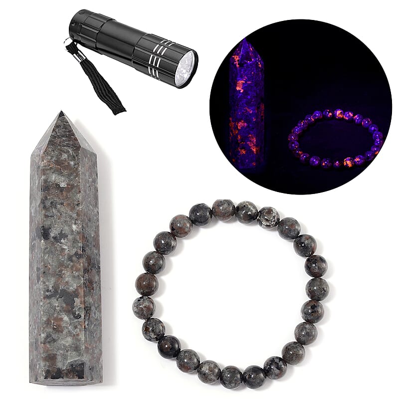 Natural Yooperlite 535.00 ctw Pencil (3.5-3.9In) and Beaded 8mm Stretch Bracelet with Free UV Flash Light