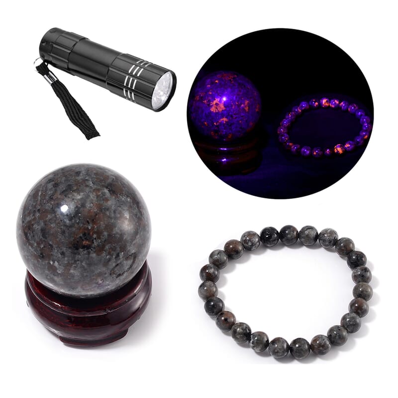 Natural Yooperlite 875.00 ctw Sphere (2.5In) and Beaded 8mm Stretch Bracelet with Free UV Flash Light