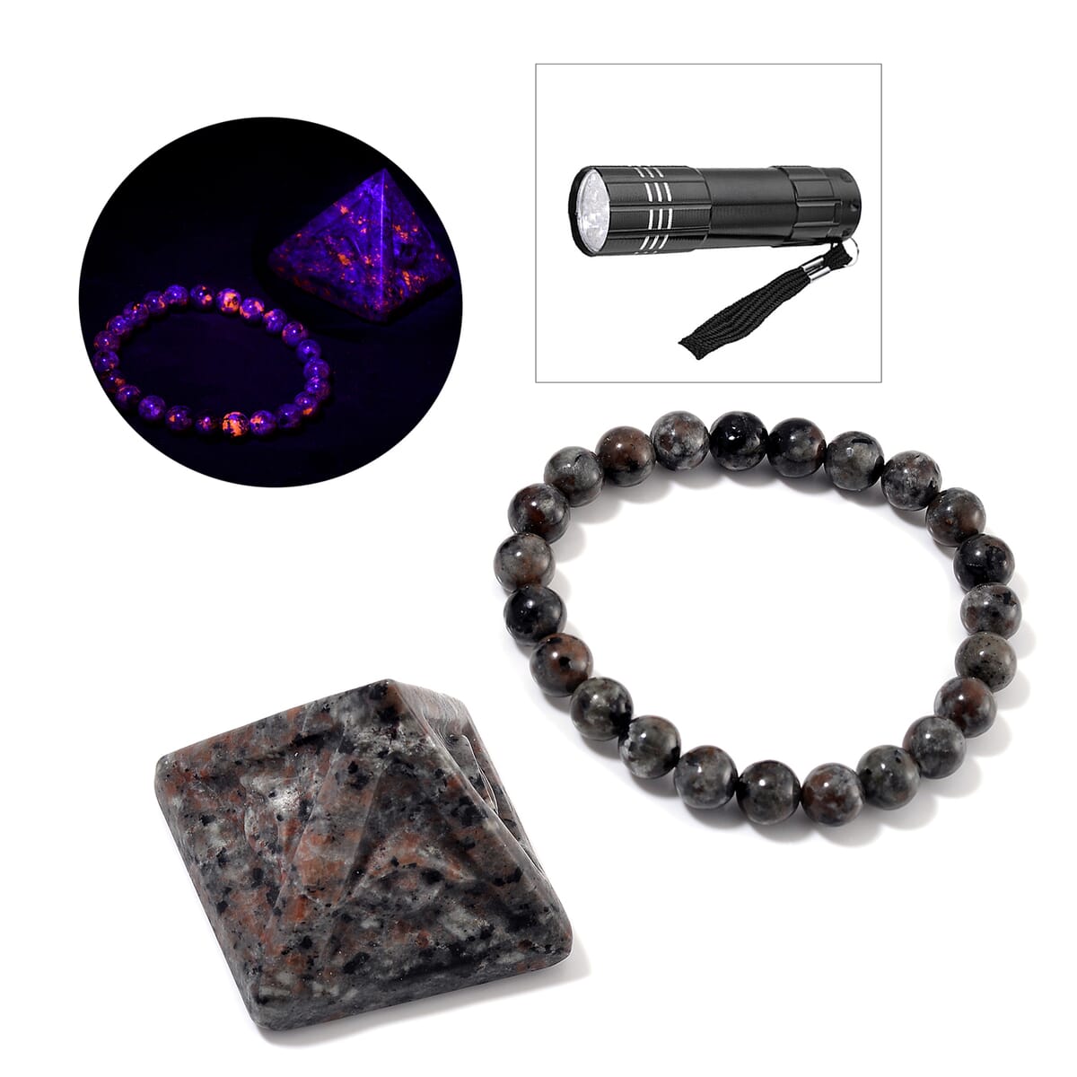 Natural Yooperlite 585.00 ctw Pyramid (1.7In) and Beaded 8mm Stretch Bracelet with Free UV Flash Light image number 0