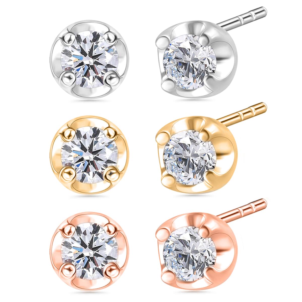 Luxuriant Lab Grown Diamond I2 0.60 ctw Set of 3 Solitaire Stud Earrings in 18K Vermeil YRG and Platinum Over Sterling Silver image number 0