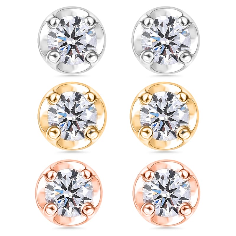 Luxuriant Lab Grown Diamond I2 0.60 ctw Set of 3 Solitaire Stud Earrings in 18K Vermeil YRG and Platinum Over Sterling Silver