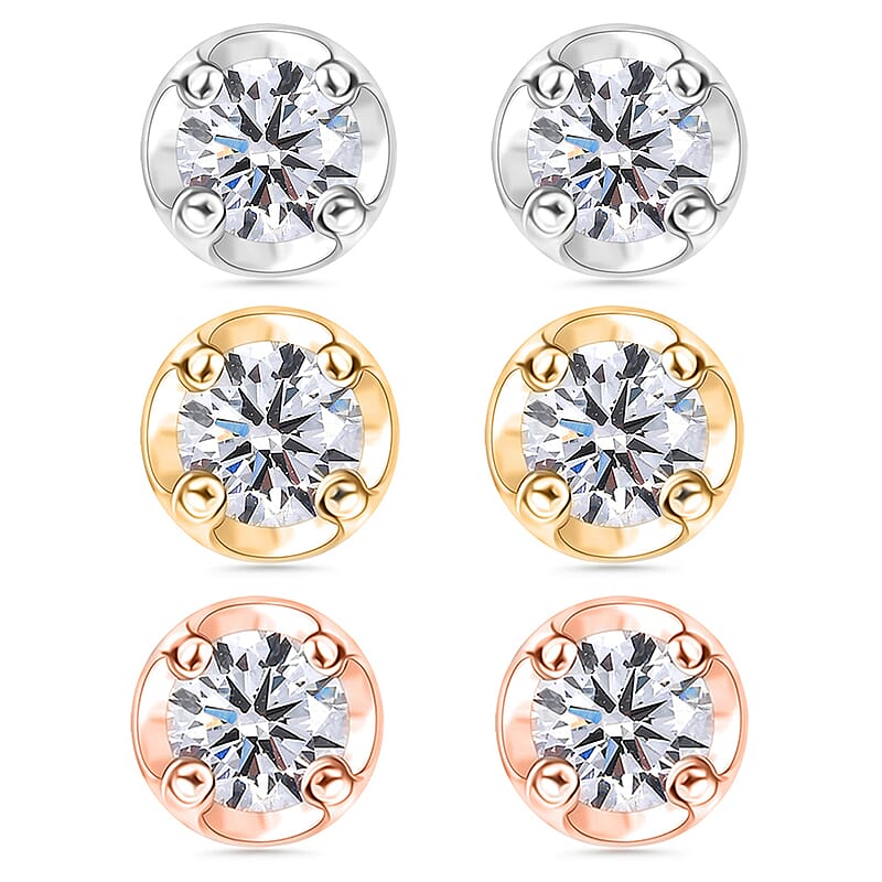 Luxuriant Lab Grown Diamond I2 0.60 ctw Set of 3 Solitaire Stud Earrings in 18K Vermeil YRG and Platinum Over Sterling Silver